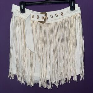 White Fringe Shorts with Gold Details